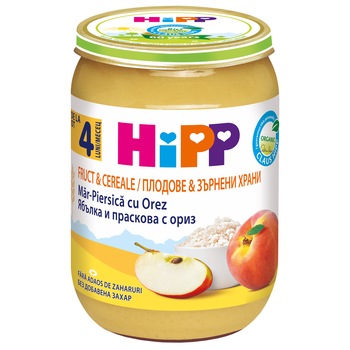 Gustare Hipp Bio cu piersica, mar si orez, de la 4 luni, 190g Gustare Hipp Bio cu piersica, mar si orez, de la 4 luni, 190g