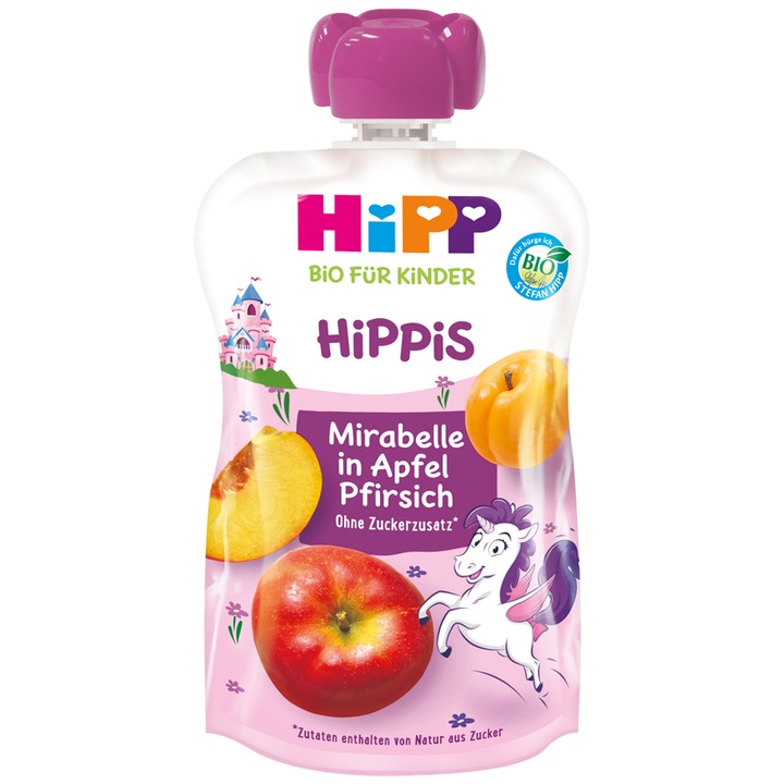 Piure de fructe Hipp, prune mirabelle, mar si piersica, 100g, de la 1 an