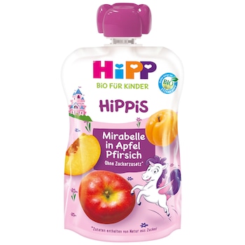 Piure de fructe Hipp, prune mirabelle, mar si piersica, 100g, de la 1 an Piure de fructe Hipp, prune mirabelle, mar si piersica, 100g, de la 1 an