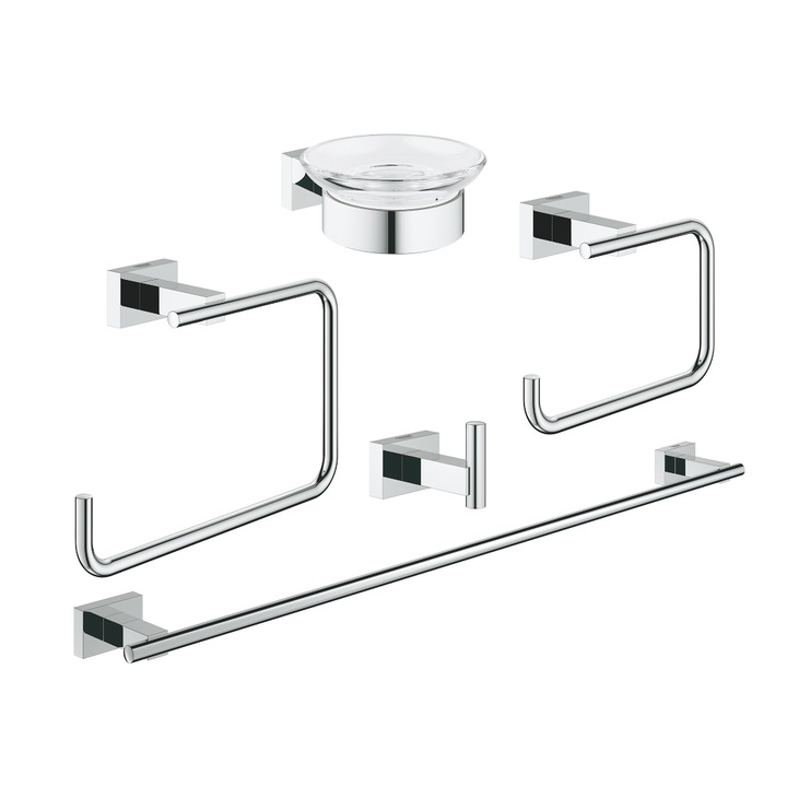 Аксесоари GROHE Essentials Cube, Поставка за хавлии 558мм, Закачалка, Халка за хавлии, Сапунерка, Поставка за WC хартия, Хром