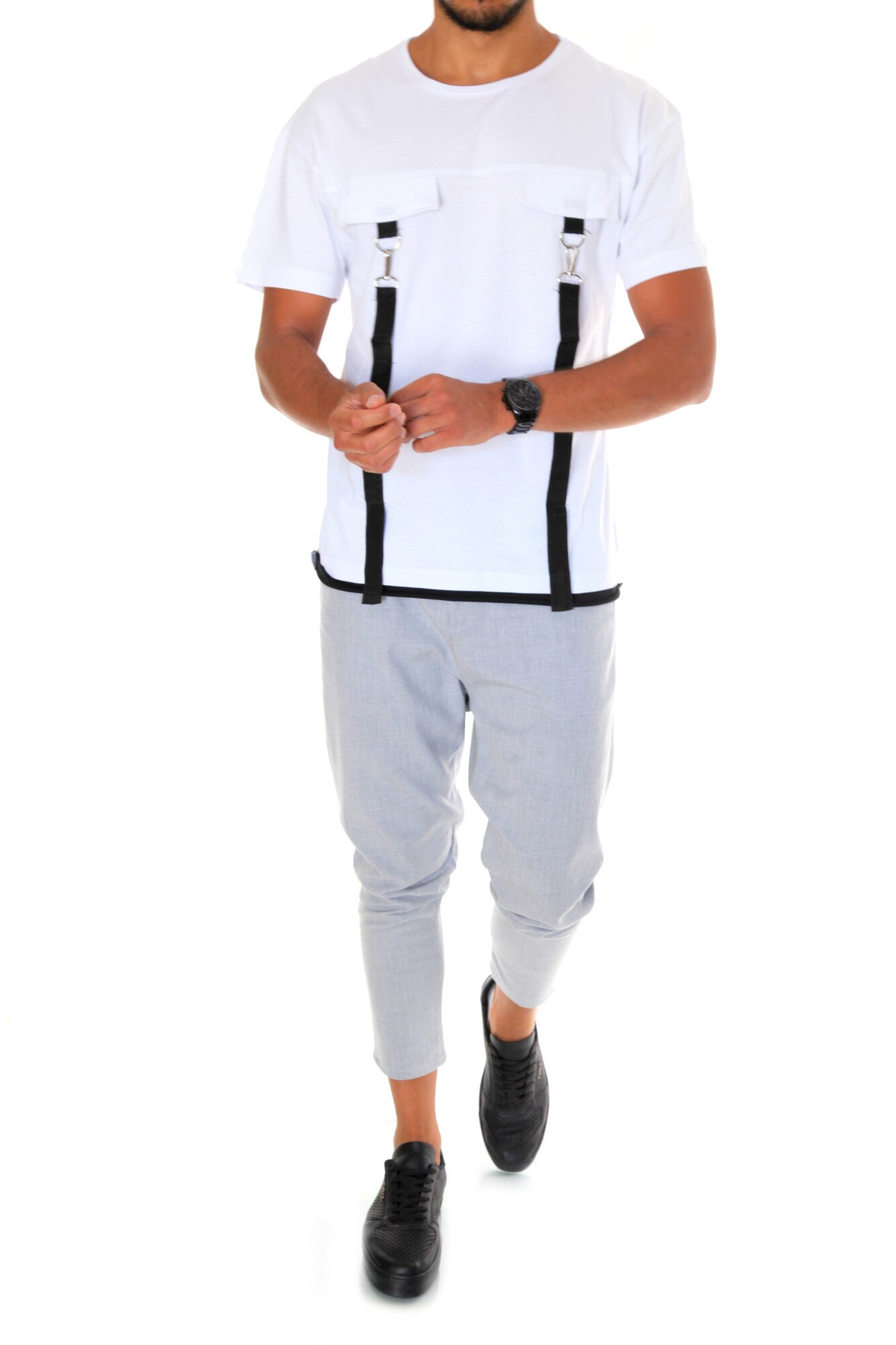 Tricou fashion, B1944, slim fit, pentru barbati, alb, Alb