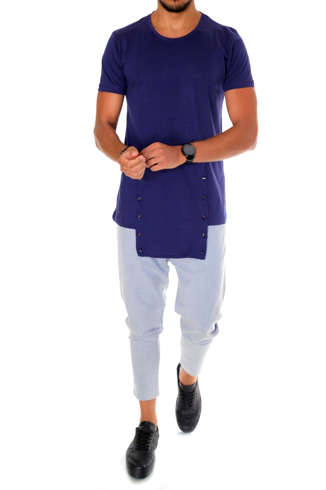 Tricou fashion, B1947, slim fit, pentru barbati, bleumarin, Bleumarin