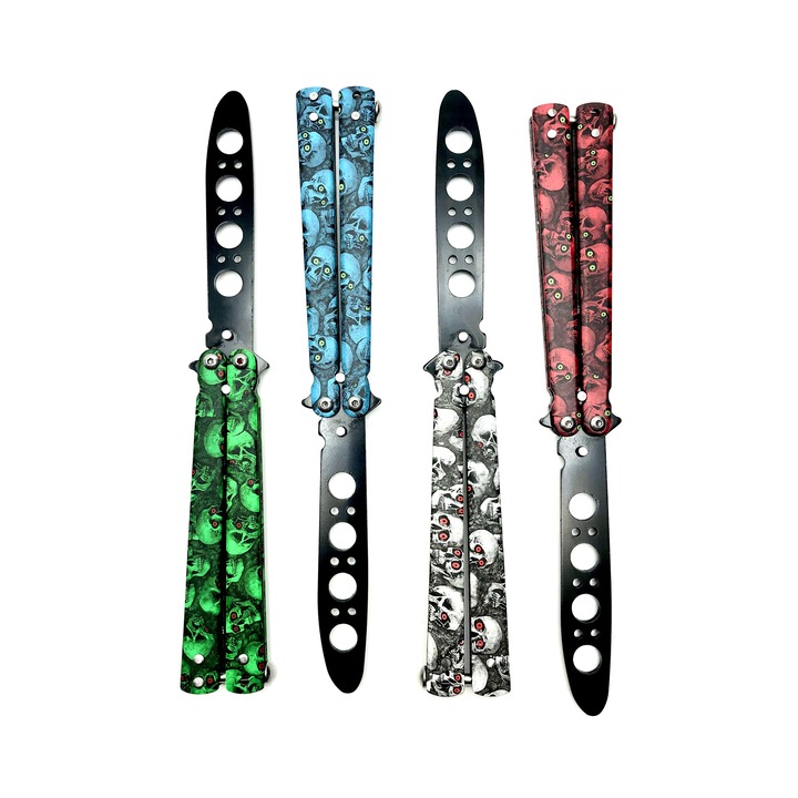 Set 4 x Briceag Balisong Butterfly Skull pentru antrenament, fara tais, 22 cm