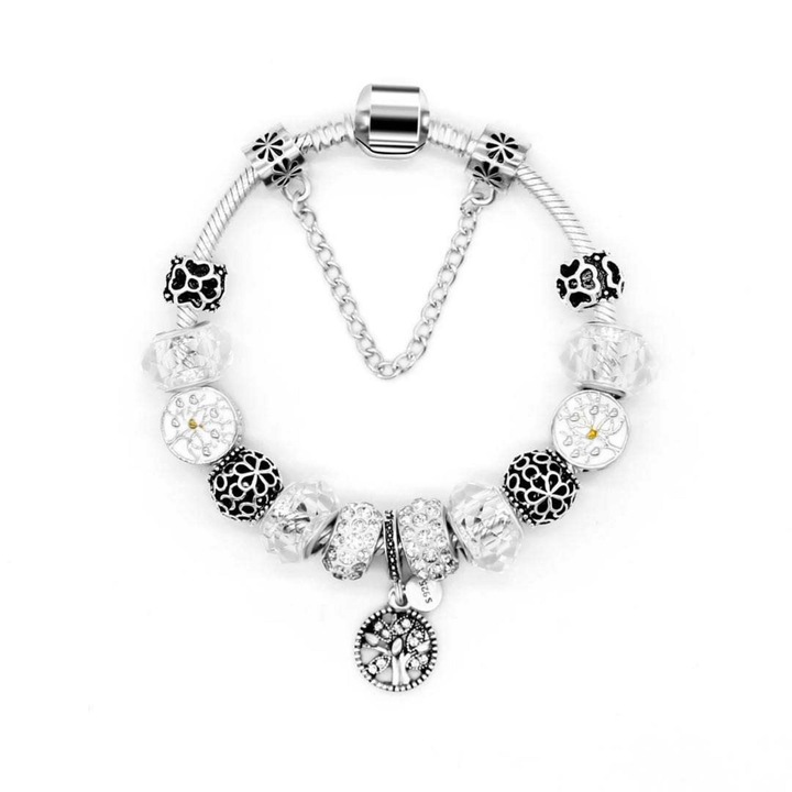 Bratara Charm cu 14 charmuri si lantisor de siguranta, dimensiune 19cm, argintiu/alb