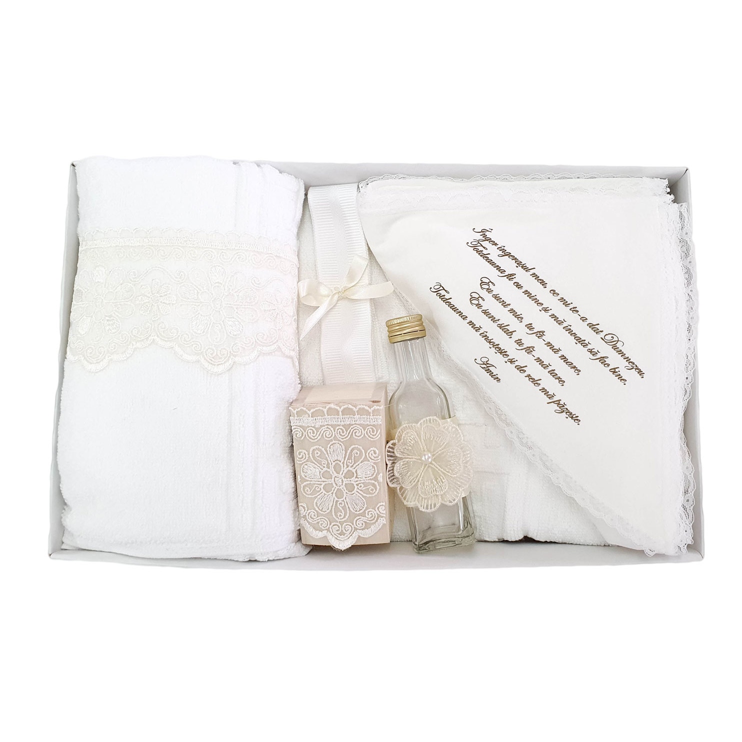 Set trusou botez, complet, dantela alba