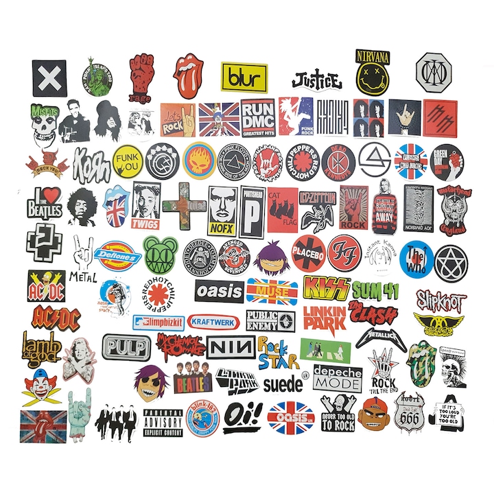 Set 100 bucati stickere / Abtibilduri "Rock the world" pentru laptop, skateboard, bicicleta, frigider, moto