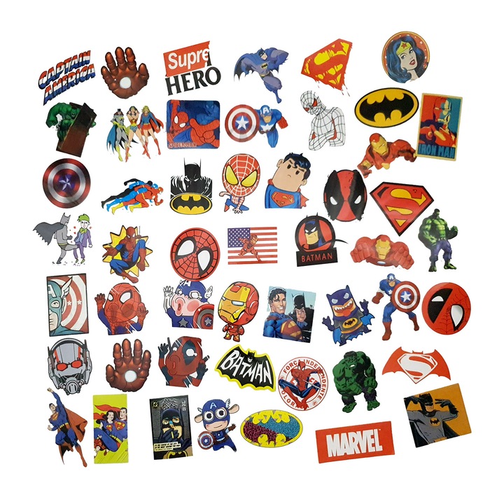 Set 50 bucati stickere / Abtibilduri "Superhero" pentru laptop, skateboard, bicicleta, frigider, moto
