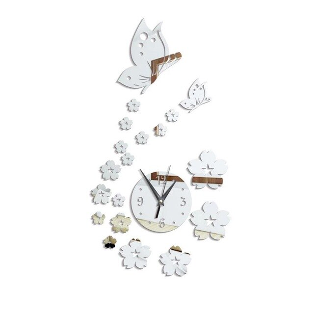 Ceas decorativ 3D oglinda acrilica, Fluturi si flori, dimensisune 35x61 cm, culoare argintiu