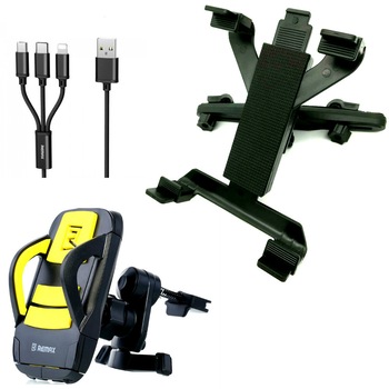 Set auto, Suport de prindere tetiera tableta ipad dvd player universal + cablu 3 in 1 smartphone USB -micro USB, Lightning iphone, USB tip C, 2.8 A + suport smartphone pentru grila de ventilatie max 10 cm Set auto, Suport de prindere tetiera tableta ipad dvd player universal + cablu 3 in 1 smartphone USB -micro USB, Lightning iphone, USB tip C, 2.8 A + suport smartphone pentru grila de ventilatie max 10 cm