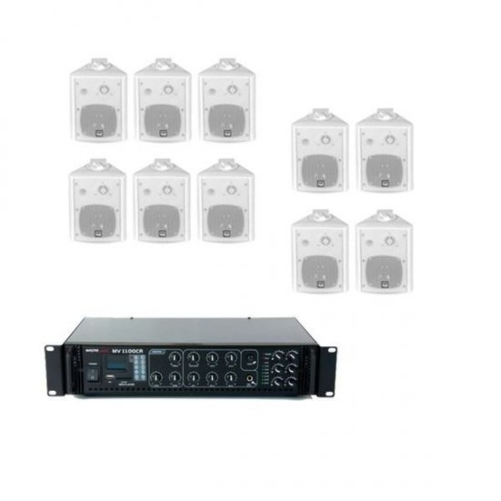 Sistem audio ambiental cu 6 zone, 10 boxe albe, bluetooth, player USB-SD si tuner FM