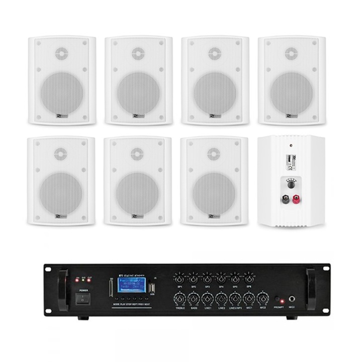 Sistem audio ambiental cu 8 boxe un amplificator cu bluetooth, USB, FM, ALB