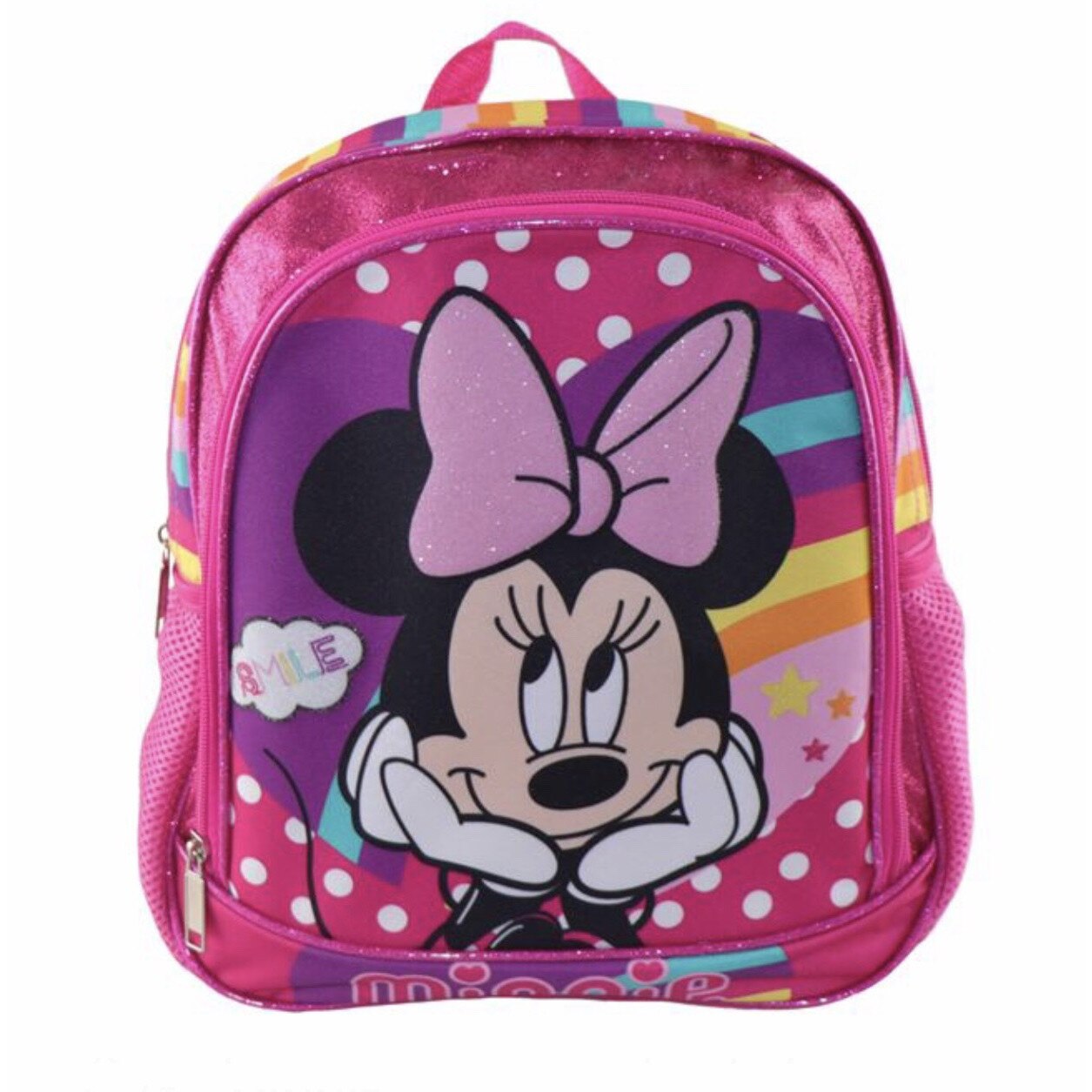 Ghiozdan pentru fete cu model Minnie Mouse, are 2 compartimente, bretele reglabile si spatiu de eticheta pentru date copil ATS