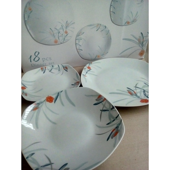 Porcelán étkészlet 18 részes szögletes tányérokkal, Sárga LEANDER virág mintával