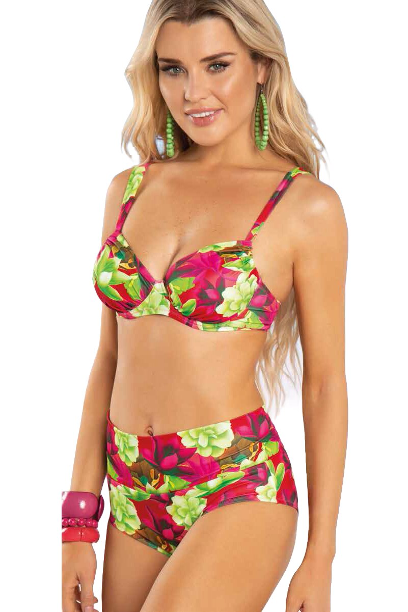 Costum de baie din doua piese sutien fara burete si chilot cu talie inalta reglabila, Lux, Intimamoda, Model floral AI83, Roz/Verde