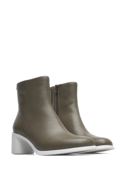 Camper, Botine de piele cu toc masiv, Kaki, 39