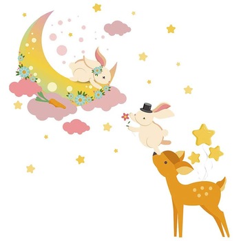 Sticker decorativ cu animalute, stelute, nori si luna, dimensiune 83x88 cm, multicolor Sticker decorativ cu animalute, stelute, nori si luna, dimensiune 83x88 cm, multicolor