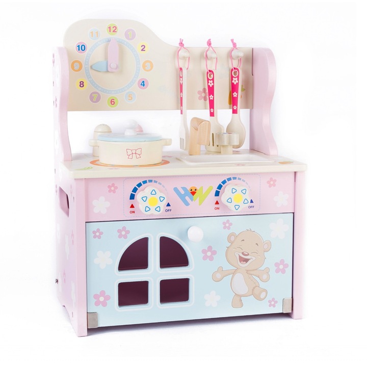 Mini bucatarie de jucarie, din lemn, cu accesorii, roz-bleu