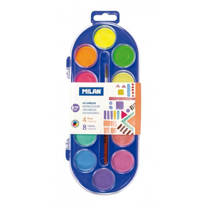 Acuarele cu Pensula MILAN, 8 Culori Metalice si 4 Fluorescente, Diametrul Pastilei 30 mm