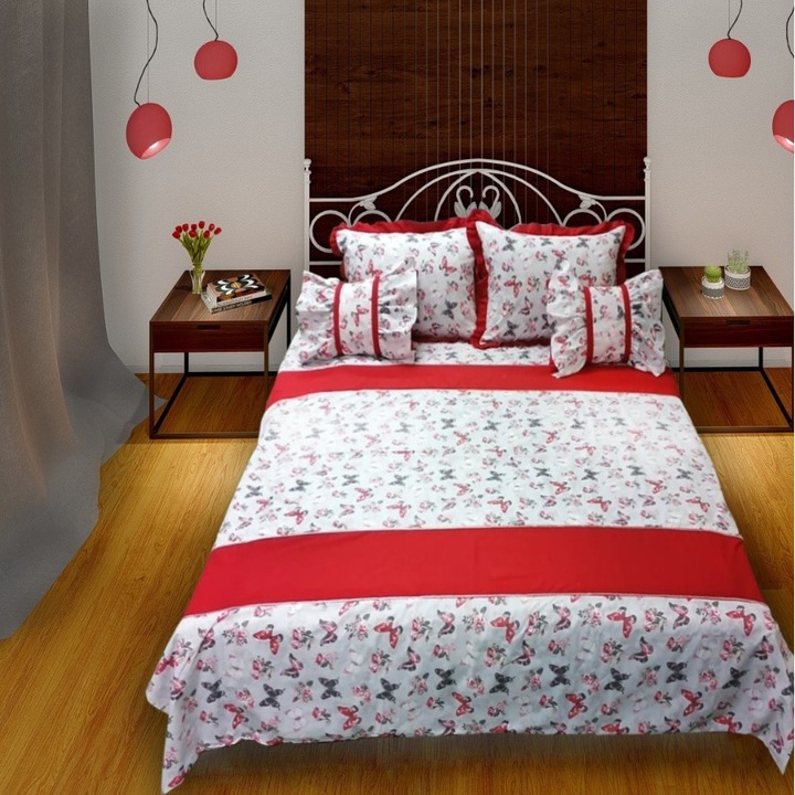 Спално бельо Butterfly, 5 части, червено/многоцветно, 100% памук 1 плик за завивка 180x220, 2 възглавници 50x70, 2 декоративни възглавници 50x35