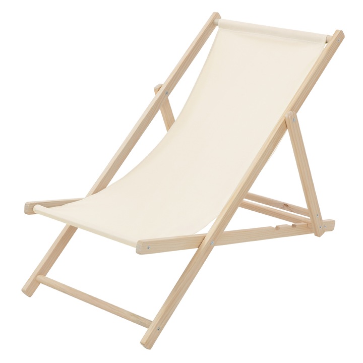 Scaun pliabil de plaja ECD Germany structura din lem si tesatura bej, spatar reglabil in 3 pozitii, sezlong de relaxare pentru gradina, piscina, balcon sau terasa, capacitate de 120 kg