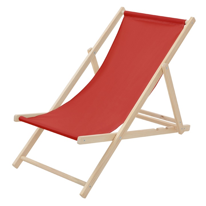 Scaun pliabil de plaja ECD Germany structura din lem si tesatura rosu, spatar reglabil in 3 pozitii, sezlong de relaxare pentru gradina, piscina, balcon sau terasa, capacitate de 120 kg