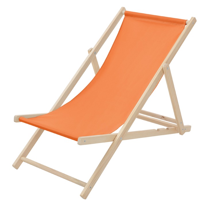 Scaun pliabil de plaja ECD Germany structura din lem si tesatura portocaliu, spatar reglabil in 3 pozitii, sezlong de relaxare pentru gradina, piscina, balcon sau terasa, capacitate de 120 kg
