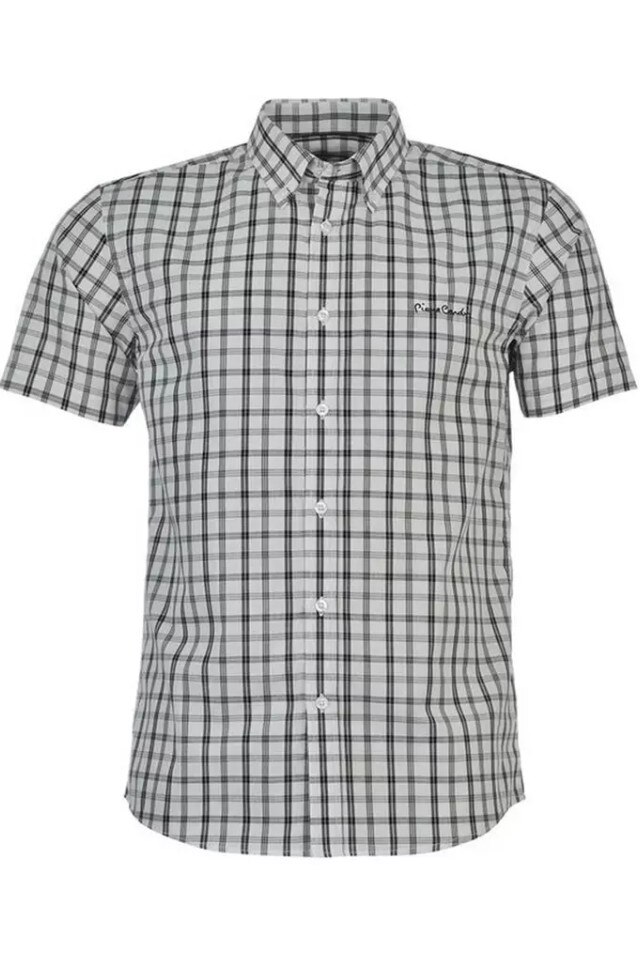 Camasa Barbati Pierre Cardin, maneca scurta, carouri, Alb-Neagra, 2XL