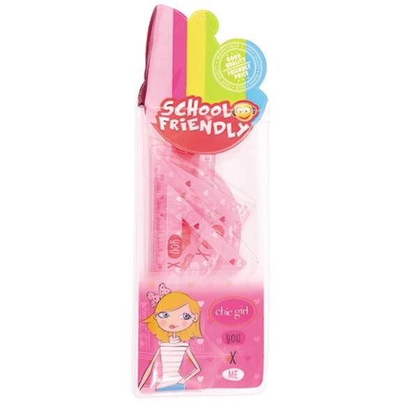 Trusa Geometrie School FRIENDLY, fete, rigla, echer, raportor