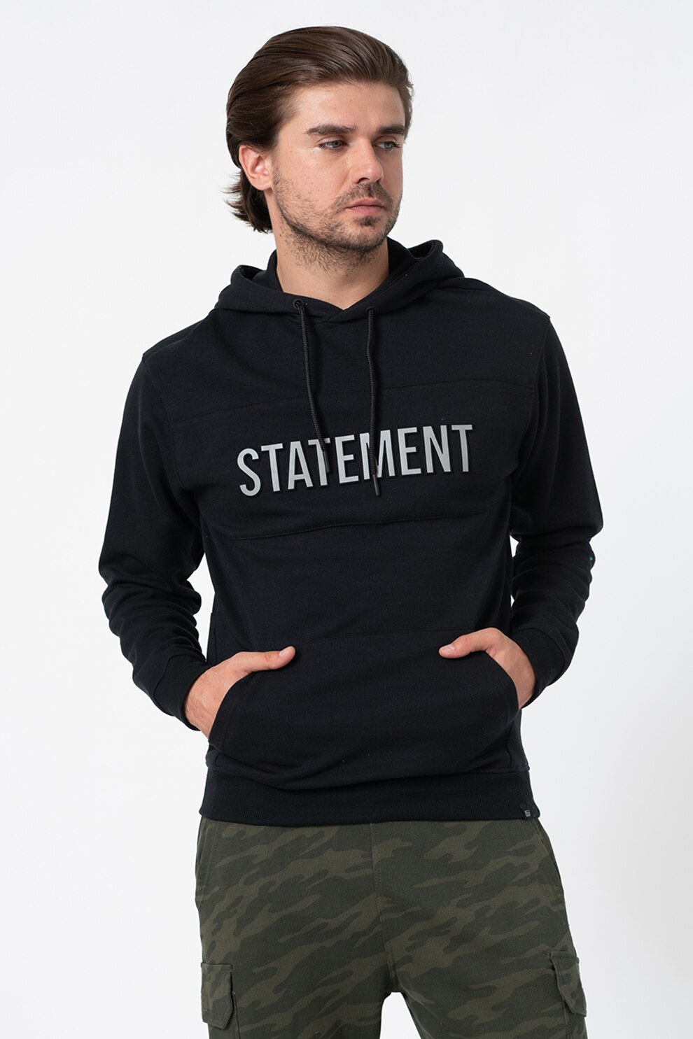 BLEND, Hanorac cu buzunar kangaroo si imprimeu text, Negru