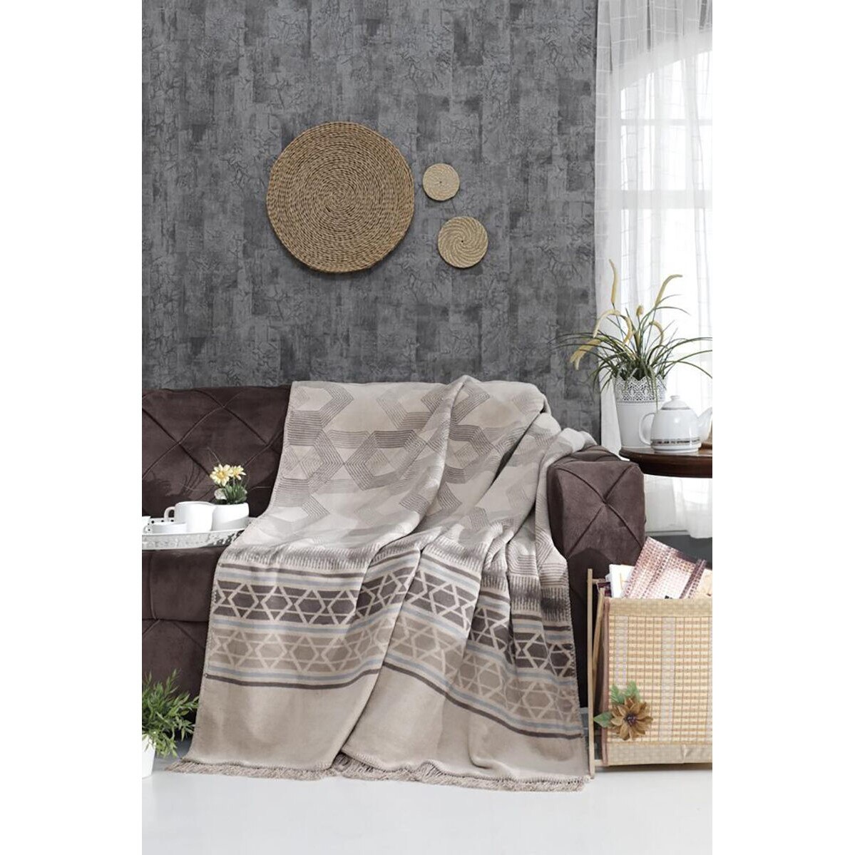 Patura bumbac bej, 180x220 cm, Hexagon bej