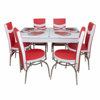 Set masa Venetia cu 6 scaune, DENVER, extensibila, model inimioare rosii , blat sticla securizata Set masa Venetia cu 6 scaune, DENVER, extensibila, model inimioare rosii , blat sticla securizata