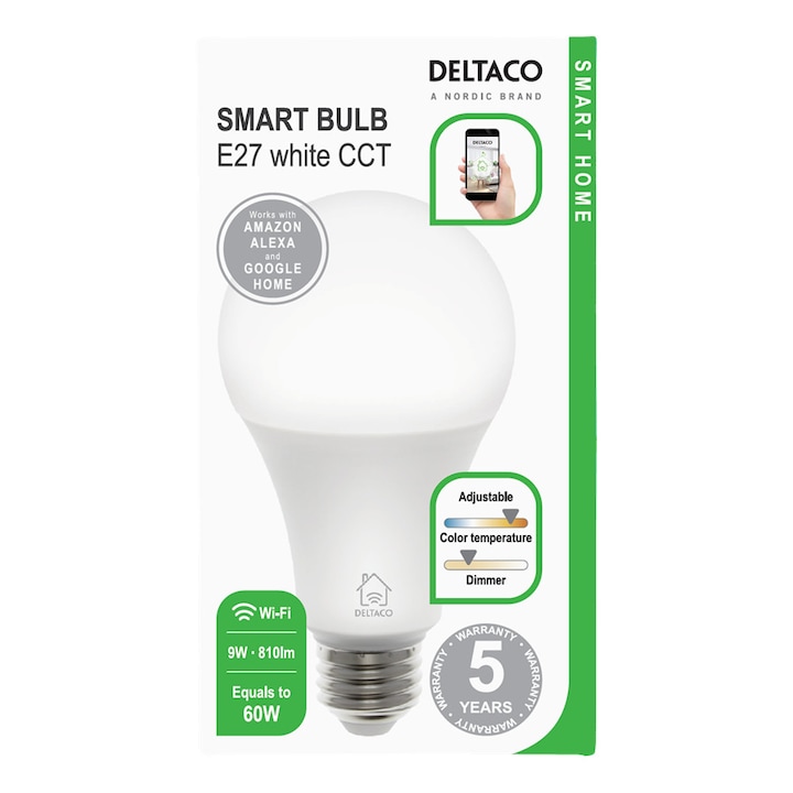 DELTACO SMART HOME intelligens LED-izzó, E27, 2.4 GHz-es WiFI, 9 W, 810 lumen, Google Assistant és Amazon Alexa, 2700K-6500K, 220-240V, fehér