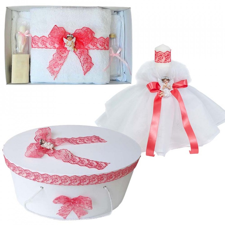 Set trusou botez, cutie trusou si lumanare, dantela, Ingeras, decor Corai, Denikos® 568