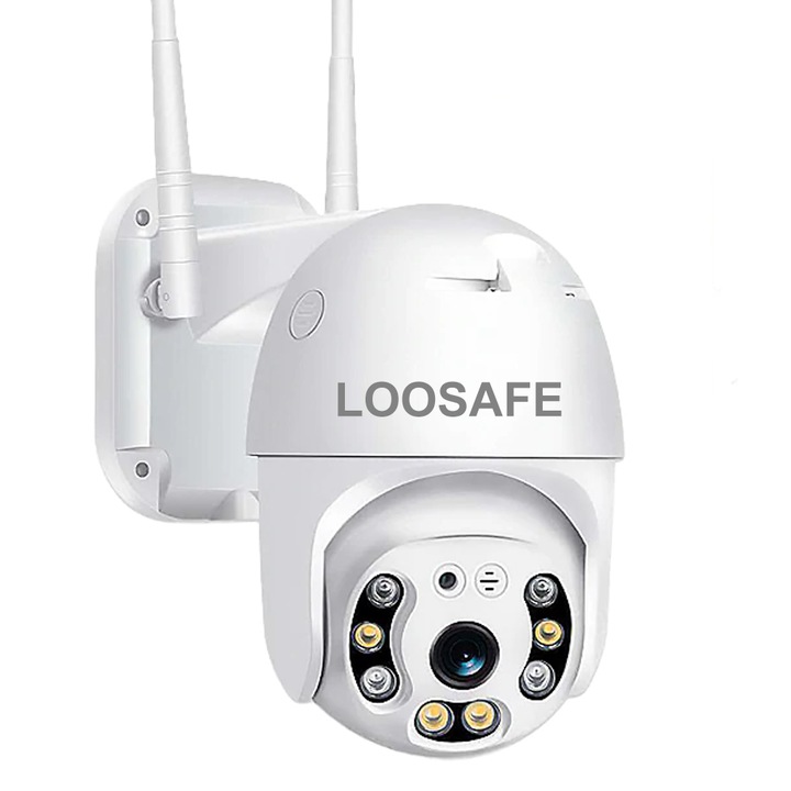Loosafe® QW15 WIFI камера за наблюдение, 2MP 1080p, външна, Full HD, 4X увеличение, ротация от приложението, водоустойчивост, двупосочна комуникация, сензор за движение, светлинно активиране, бял