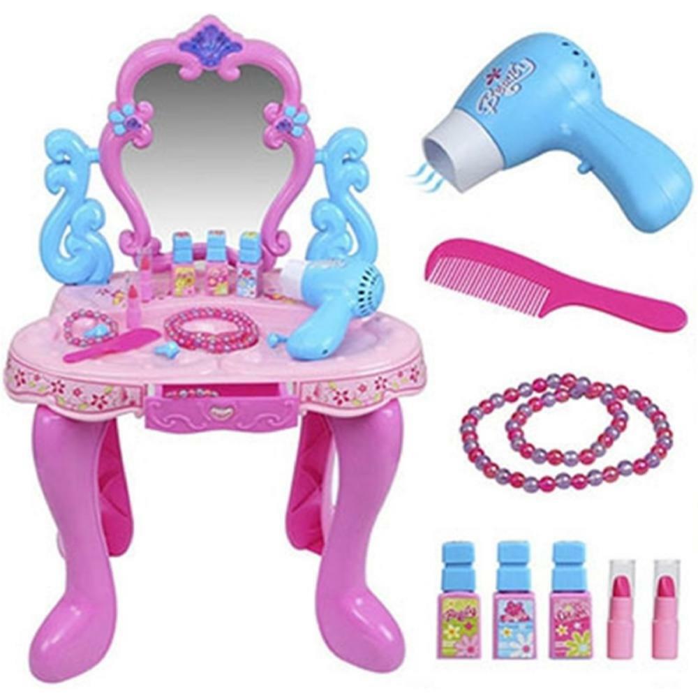 Masuta de Machiaj pentru Fetite, Beauty Blue, cu Uscator de Par de Jucarie, Oglinda Safe, 10 Accesorii Incluse, Roz/Albastru