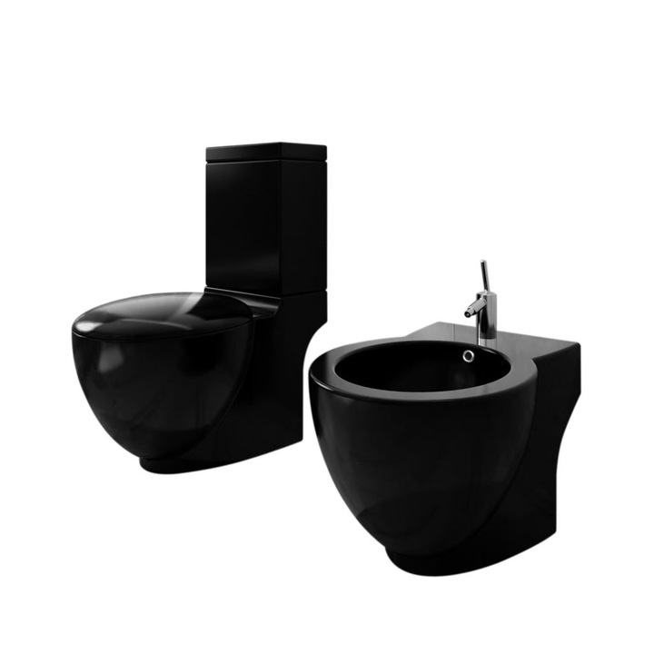 Комплект керамични тоалетна чиния и биде vidaXL, черни, 65 х 40 х 85 см