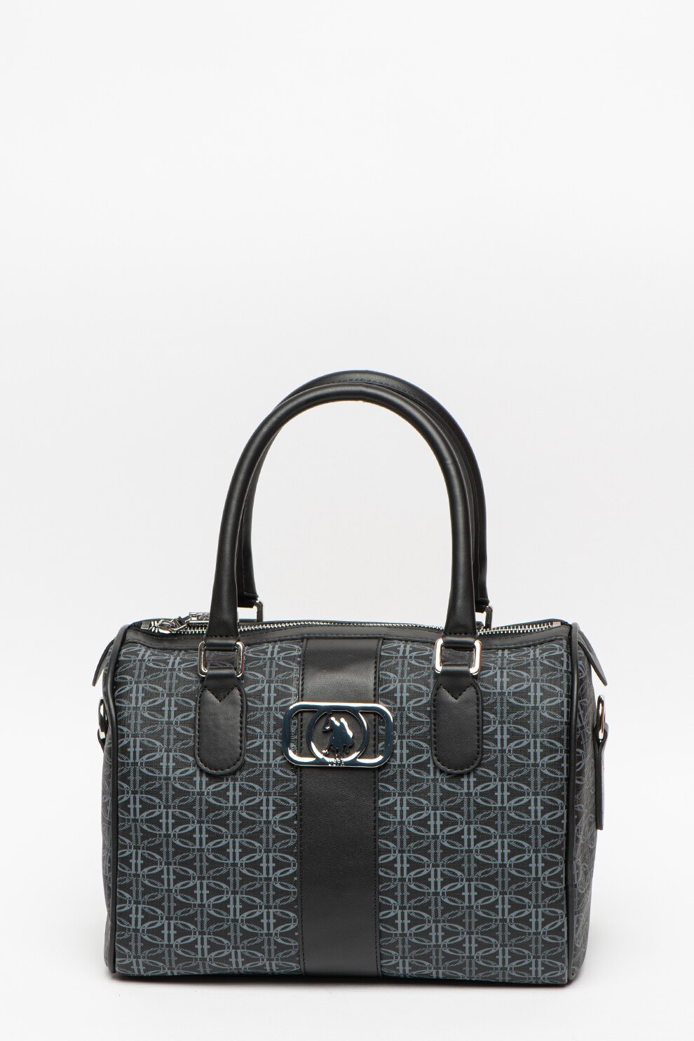 U.S. Polo Assn., Geanta bowler de piele ecologica cu imprimeu monograma, Negru