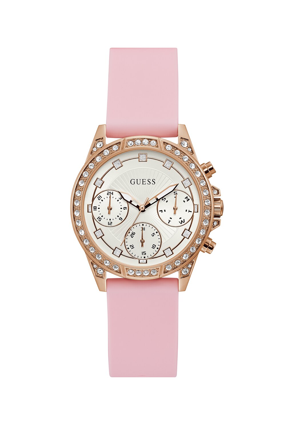 Guess, Ceas cu functii multiple, decorat cu cristale, Auriu rose/Roz