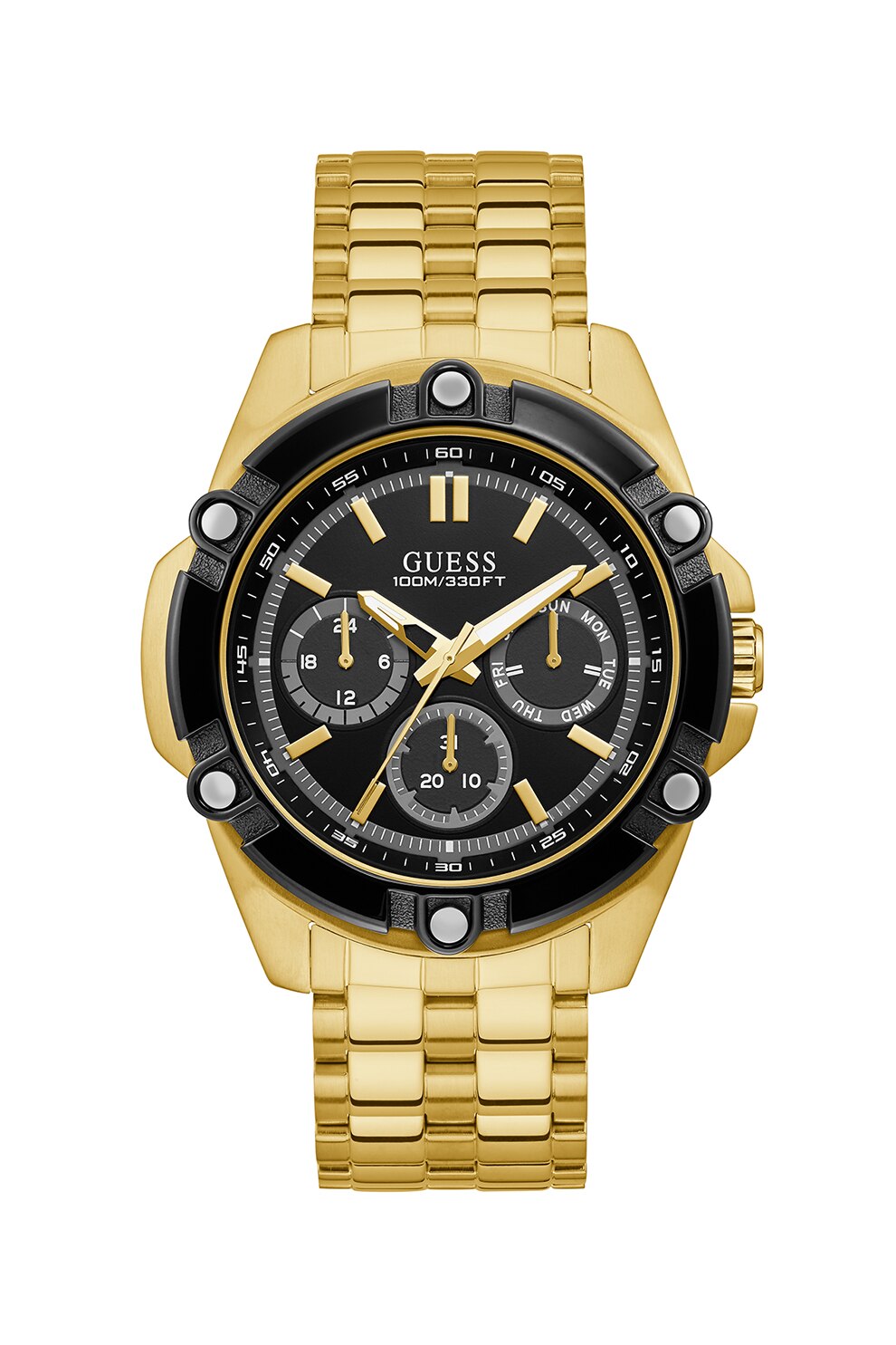 Guess, Ceas cu functii multiple si bratara din otel inoxidabil, Auriu/Negru