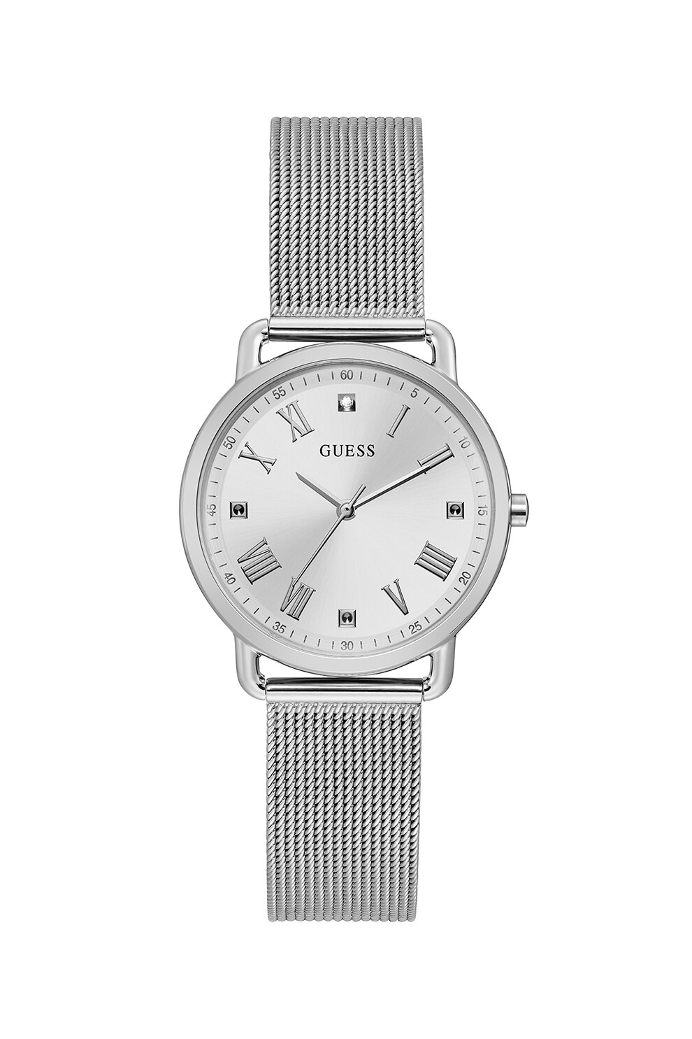 Guess, Ceas quartz cu bratara din otel inoxidabil cu model plasa, Argintiu