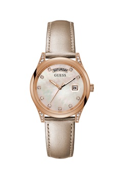 Guess, Ceas analog cu cadran cu aspect Mother of Pearl, Auriu rose/maro bronz Guess, Ceas analog cu cadran cu aspect Mother of Pearl, Auriu rose/maro bronz