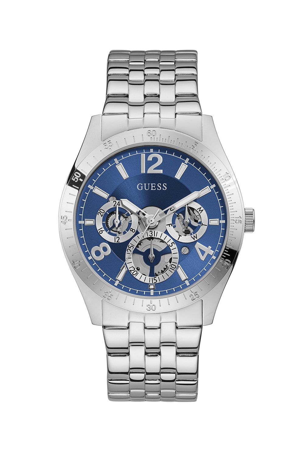 Guess, Ceas cu functii multiple si cadran cu mecanism partial vizibil, Argintiu/Albastru