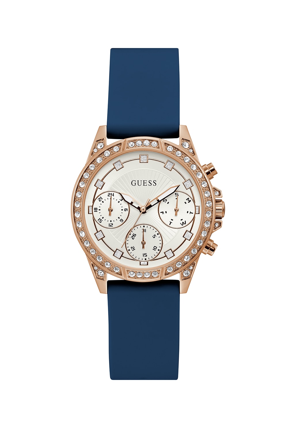 Guess, Ceas analog decorat cu cristale, Auriu rose/Albastru inchis