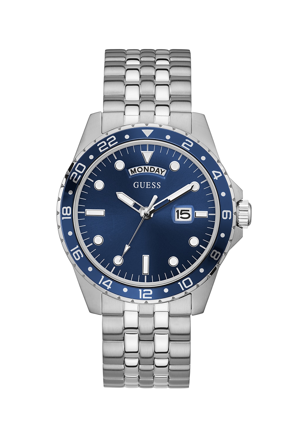 Guess, Ceas quartz din otel inoxidabil, Argintiu/Albastru