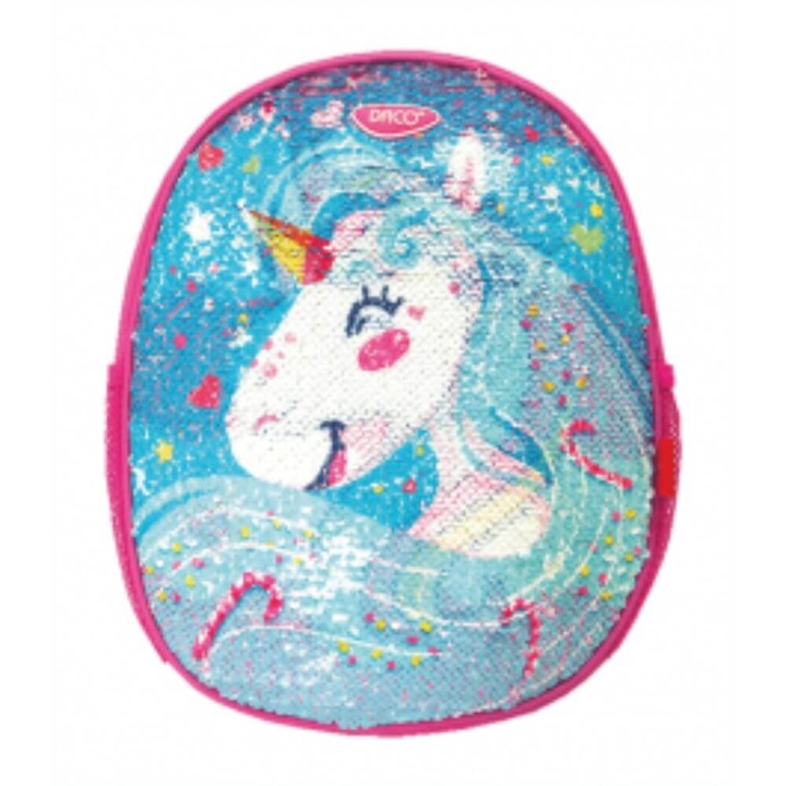 DACO hátizsák flitterekkel, óvodai, Unikornis modell méretei 31x25x9 cm, állítható szivacsos pántokkal és két oldalsó zsebbel hálóval, poliészter anyagból, rózsaszín