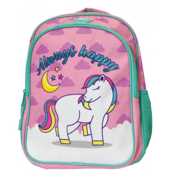 DACO hátizsák óvodai póni modellhez, méretek 33x26x12 cm, állítható szivacsos pántok és két oldalsó zseb hálóval, poliészter anyag, rózsaszín/zöld szín