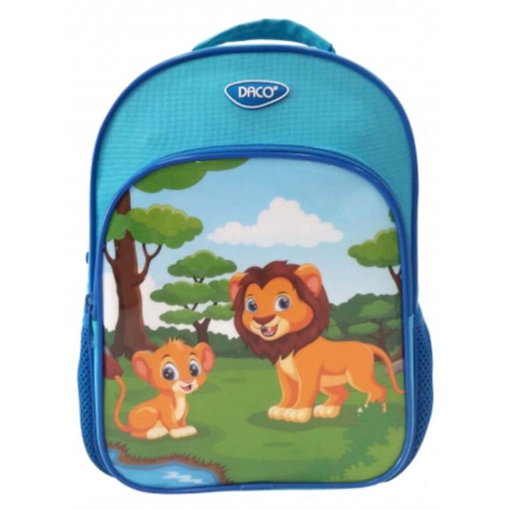 DACO hátizsák óvodai oroszlán modellhez, méretek 29x22x10 cm, állítható szivacsos pántok és két hálós oldalzseb, poliészter anyag, kék színű