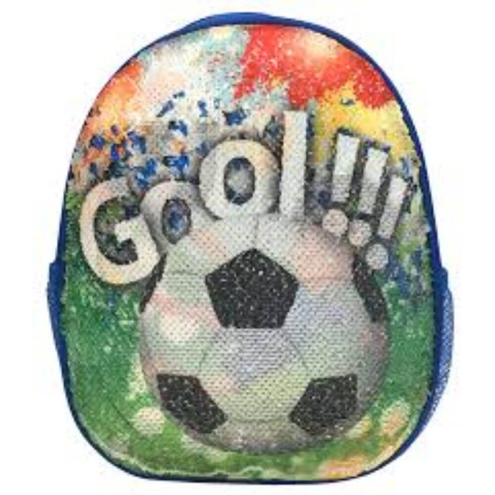 DACO hátizsák flitterekkel óvodai futballmodellhez, méretei 31x25x9 cm, állítható szivacsos pántokkal és két oldalsó zsebbel hálóval, poliészter anyagból, többszínű