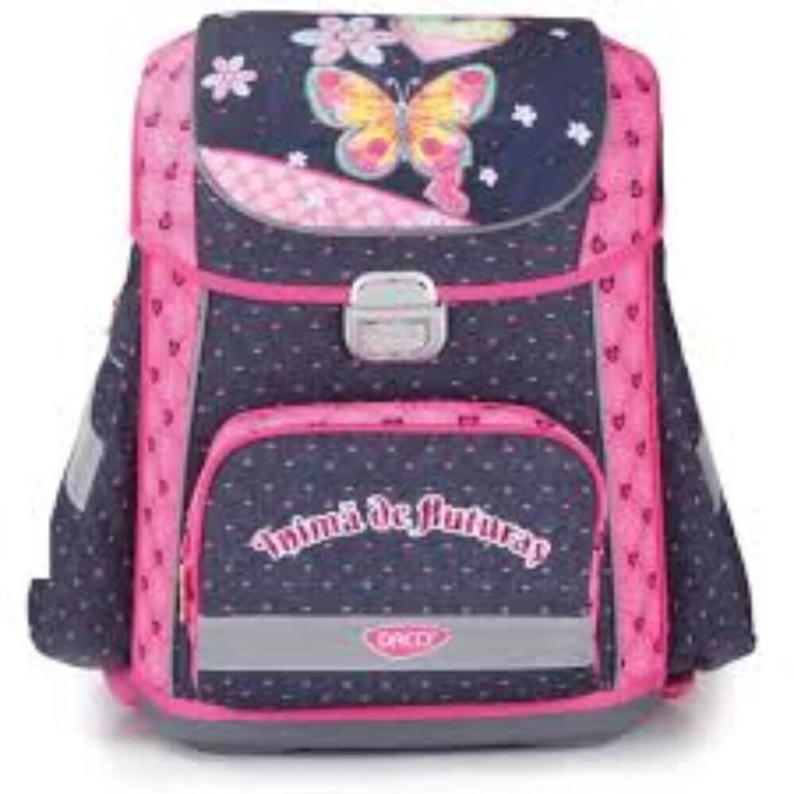 Ghiozdan DACO Tip Container pentru Scolari Model Fluturas, Dimensiuni 40x34x23 cm, Bretele cu Burete Reglabile si Doua Buzunare Laterale Mari, Material Poliester, Culoare Roz