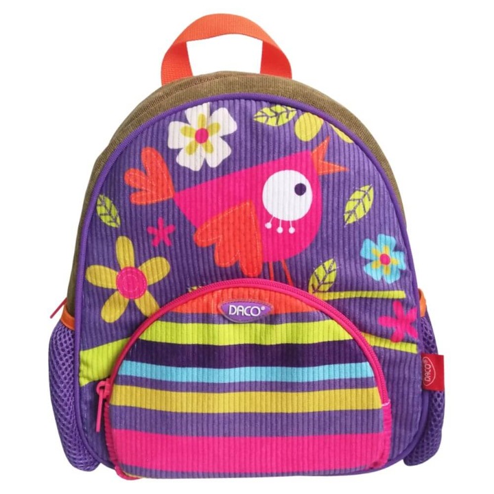 DACO hátizsák óvodásoknak, mérete 27x24x8 cm, állítható pántokkal és két oldalsó zsebbel hálóval, poliészter anyagból, többszínű